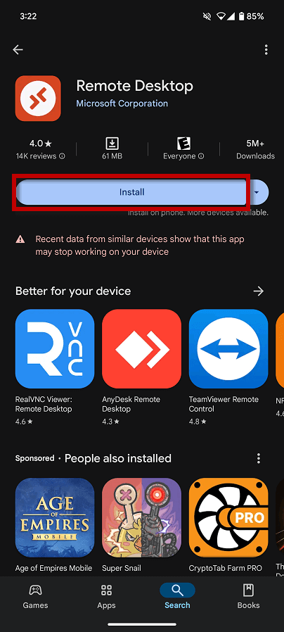 Android RDP Tutorial, Install button