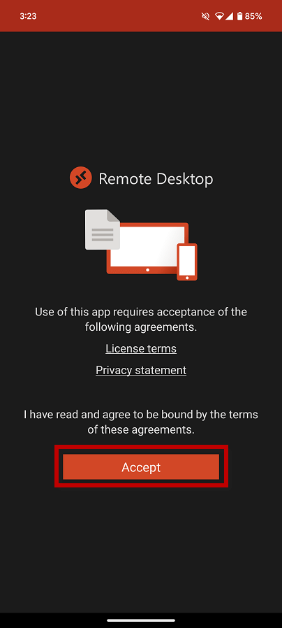 Android RDP Tutorial 7, RDP Accept button